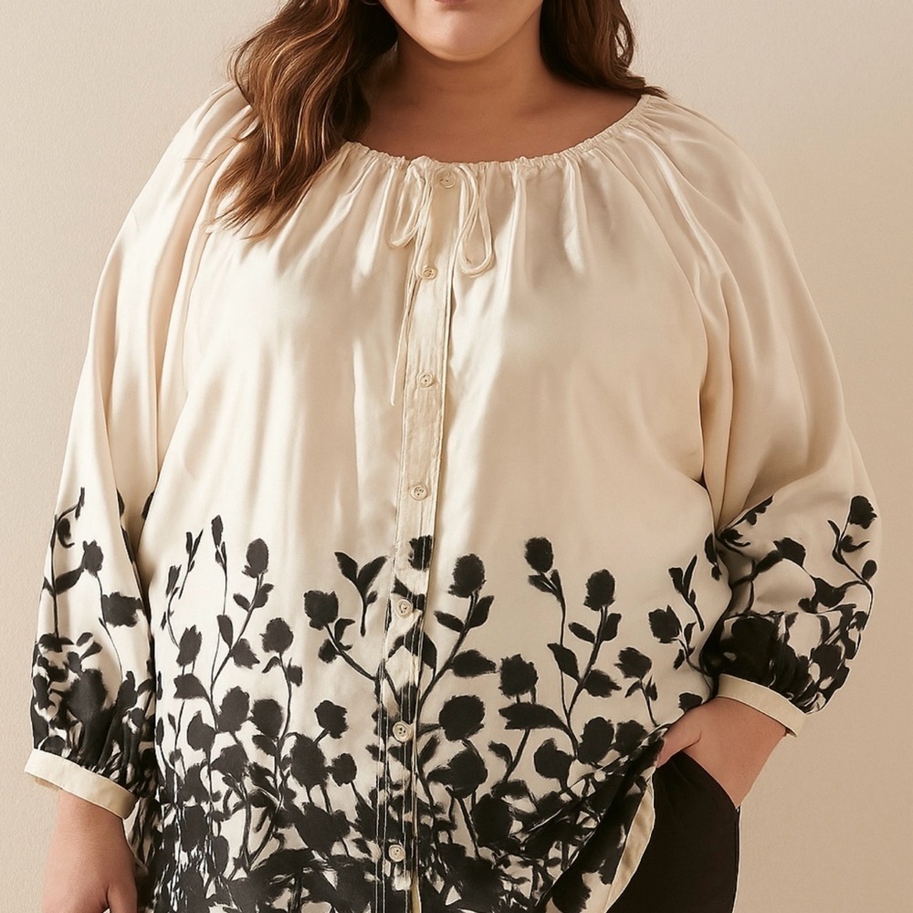 Lane Bryant Satin Blouse 22/24 White Black Floral Ombre Peasant Top